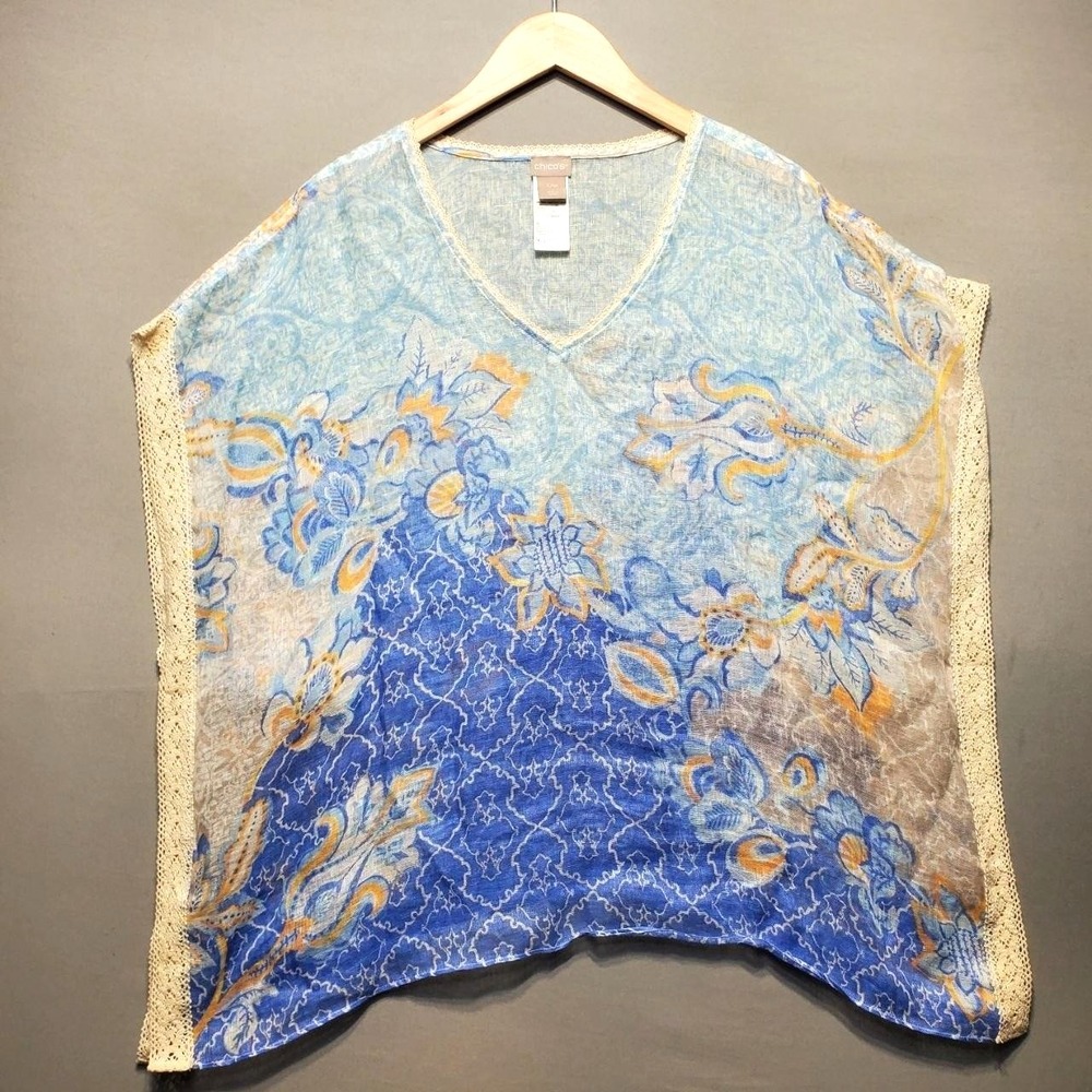 Chicos 100% Linen Crochet Tunic Top Womens S/M Blue Floral Sheer Coastal Beachy